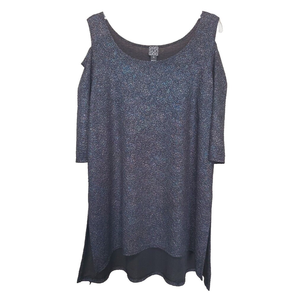 Clara Sun Woo Black Sparkle Cold Shoulder High-Low Hem Tunic Size XL Lagenlook